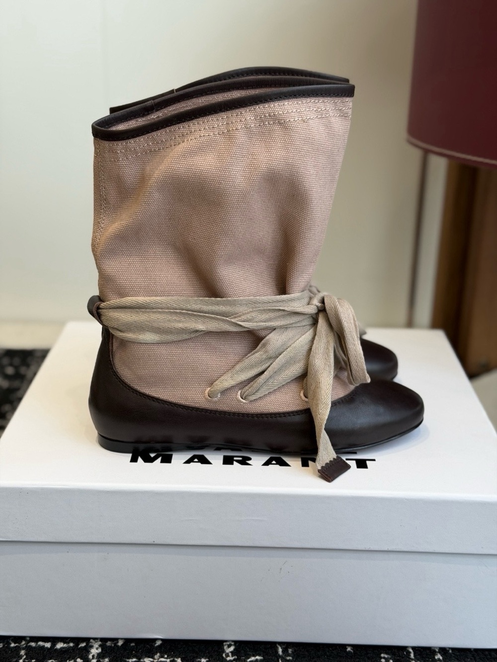 Isabel Marant Two-Tone Beige Canvas and Dark Brown Leather Ankle Wrap Boots - Picture 5 of 8